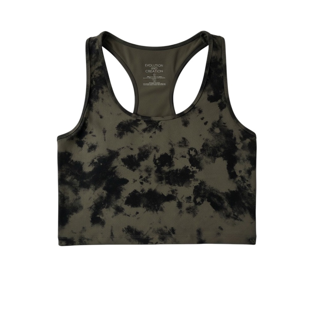 Evolution and Creation Womens Tie Dye Racerback Sports Bra Olive Green Black L
